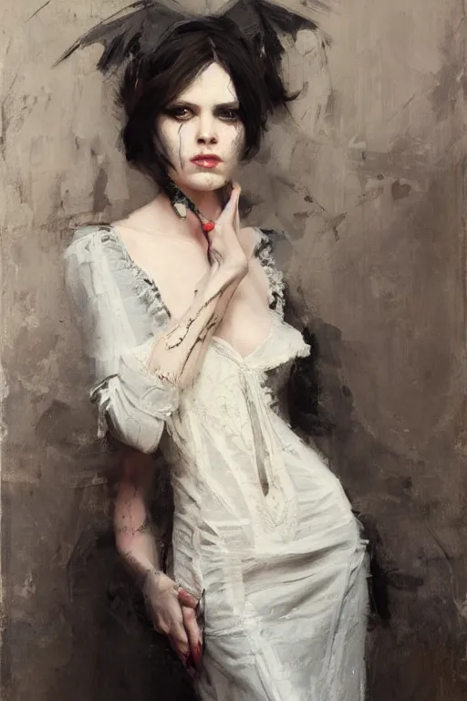 Image similar to Richard Schmid and Jeremy Lipking full length portrait painting of a young beautiful victorian steampunk vampire Priestess woman