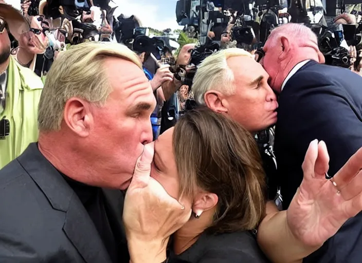 Prompt: highly detailed ultra realistic gopro shot of alex jones smooching roger stone