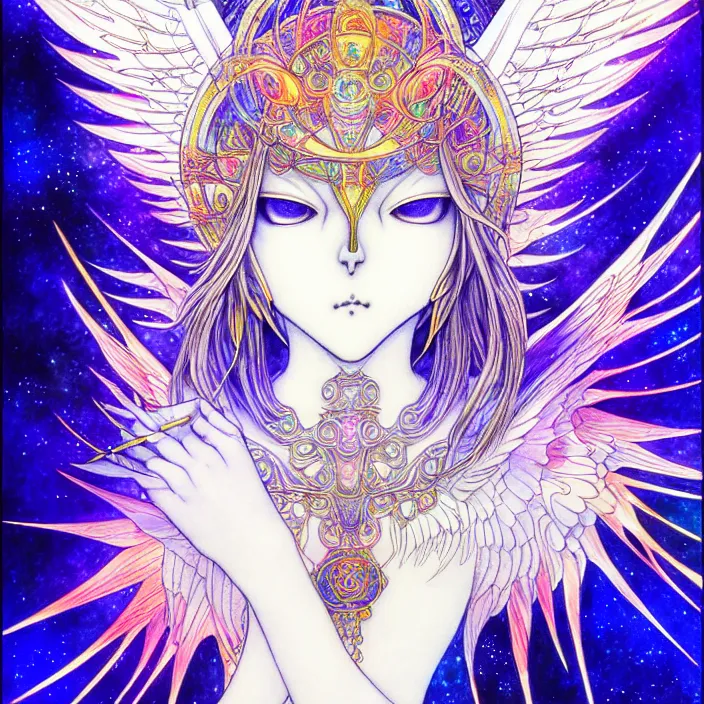 Image similar to stylized art of an psychedelic angelic celestial being by yoshitaka amano, trending on pixiv, anime style, winged head, white gold skin, ayahuasca, sacred geometry, esoteric art, watercolor