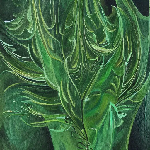 Image similar to an abstract painting of a dark green plant growing to take up everything against a mint green background, painting