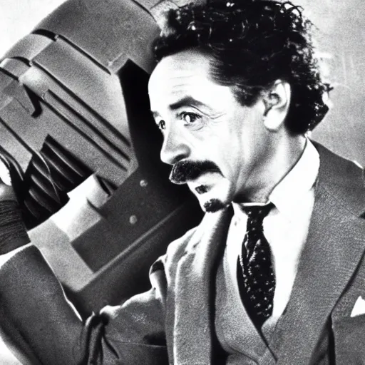 Image similar to moviestill of albert einstein as tony stark in ironman