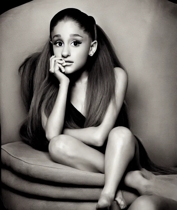 Image similar to award winning photo of Ariana Grande on a chesterfield lounge, symmetrical face, beautiful eyes, studio lighting, wide shot art by Sally Mann & Arnold Newman