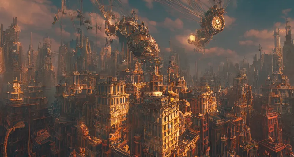 Image similar to floating steampunk city in the sky, bioshock, intricate artwork by tooth wu and wlop and beeple, octane render, hyper realism, 8 k