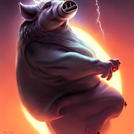 Image similar to cute anthropomorphic boar full as an jedi in a spaceship, body portrait, divine lightning, by greg rutkowski, by charlie bowater