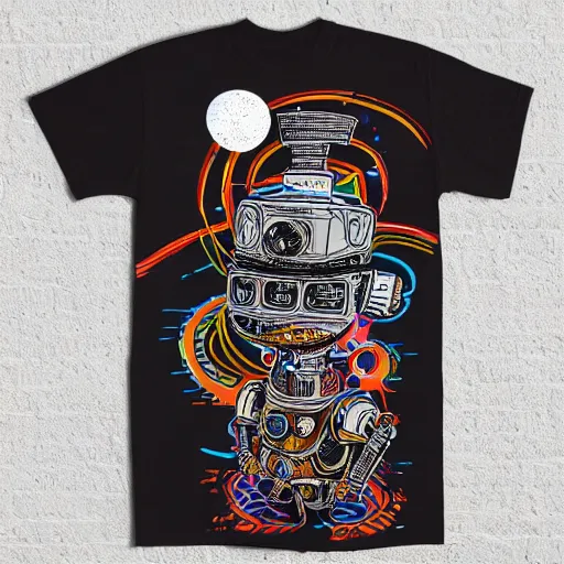 Prompt: mockup of a black tshirt with a hyperdetailed portrait of a steampunk robot by robert crumb, 8 k, symetrical, flourescent colors, happy trippy mood, multicolored,