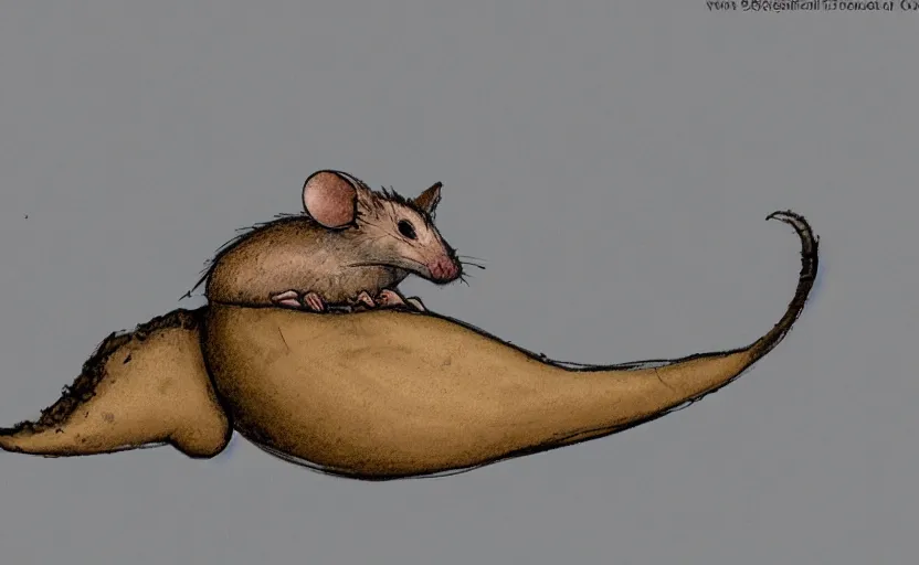 Image similar to scifi concept art, a tiny sentient desert mouse wearing a fremen sillsuit and riding on the back of the giant sandworm, macro focus,