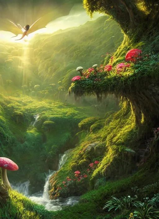 Prompt: an elegant winged fairy in the lord of the rings scenery landscape, playing in a vast lush valley flowers and mushroom structures, stream, sunrise, god's rays highly detailed, vivid color, cinematic lighting, perfect composition, 8 k, gustave dore, derek zabrocki, greg rutkowski, belsinski, octane render