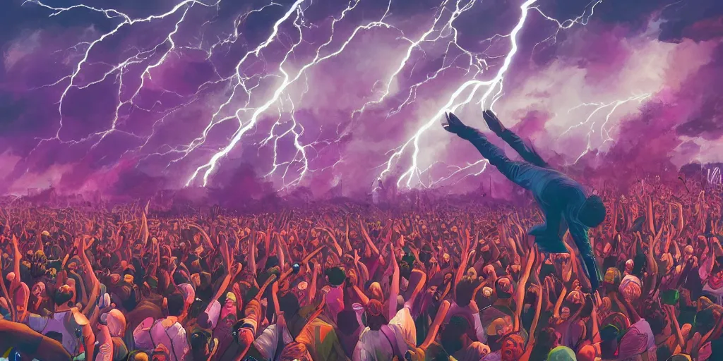 Image similar to Lightning strikes while rapper leaning over huge crowd reaching up to him, digital art, vapor wave, hip hop, surreal, trending on Artstation, professional artist, detailed, 4k