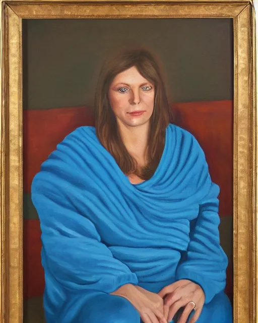 Prompt: an oil painting portrait of a woman wearing a snuggie, seated, soft lighting