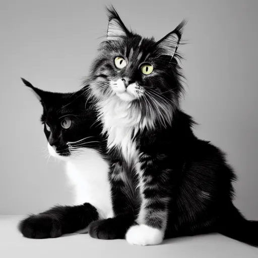 Image similar to very cute huge calico main coon plays with black-white shorthair domestic cat in office, portrait, pixar style, cinematic lighting, award winning creature portrait photography