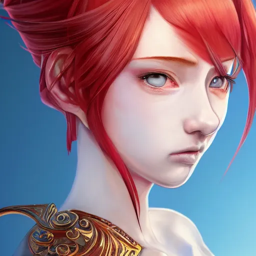 Image similar to a red haired female knight as an absurdly beautiful, elegant, young sensual anime girl, blue background, ultrafine hyperrealistic detailed face illustration by kim jung gi, irakli nadar, intricate linework, sharp focus, bright colors, matte, octopath traveler, final fantasy, unreal engine highly rendered, global illumination, radiant light, intricate environment