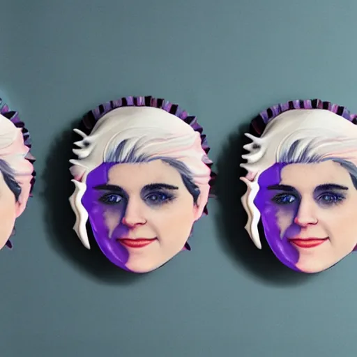 Prompt: cup cakes with vanilla frosting in the shape of the face of kate mara, 4 k, hyperdetailed, photorealism