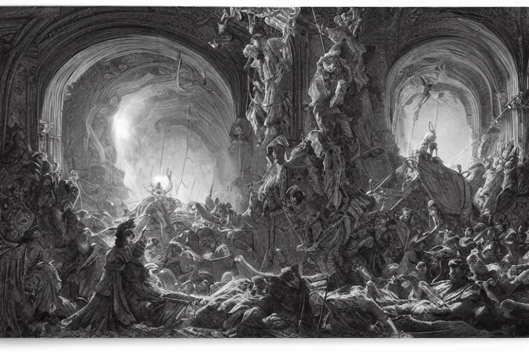 Prompt: highly detailed big open book, open book page, don quixote left the book, symmetrical face, magical, roman myth, masterpiece, crashing waves, lightning, highly detailed painting by gustave dore