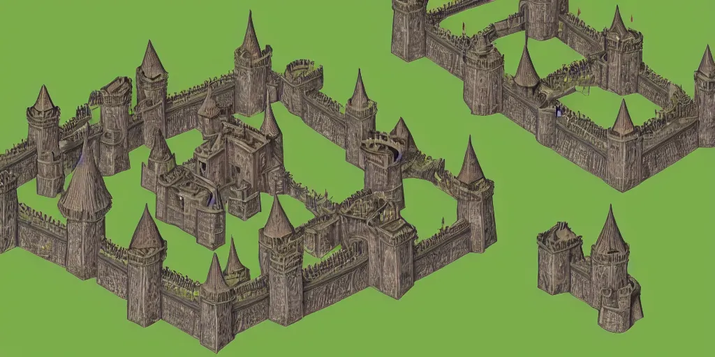 Image similar to medieval castle in a jungle with towers and moat, 3 d, isometric, polygon art style, simple