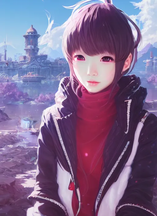 Prompt: beautiful portrait of yuna from final fantasy, momo from twice in code vein in the style of wlop, artgerm, yasutomo oka, yuumei, rendered in unreal engine, surrounded by epic ruins landscape by simon stalenhag, digital art dynamic dramatic lighting, imagine fx, artstation, cgsociety, by bandai namco artist,