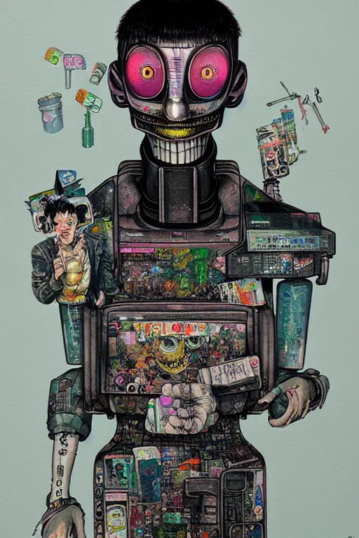 Prompt: full view, from a distance, of anthropomorphic trashcan from the movie blade runner, style of yoshii chie and hikari shimoda and martine johanna, highly detailed