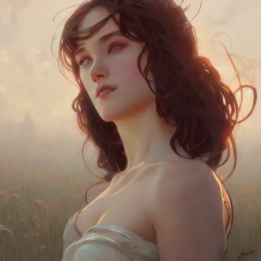 Prompt: Girl in love, subtle, looking far , highly detailed, digital painting, artstation, concept art, sharp focus, art by artgerm and greg rutkowski and alphonse mucha