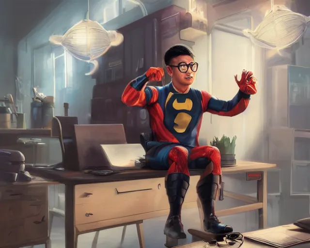 Image similar to an insanely detailed painting of a nerdy asian man wearing a superhero costume, sitting at a desk, staring at the nervously at the computer and typing, in the style of peter mohrbacher, dramatic lighting and composition, octane render, pixar, trending on artstation, concept art, comic book, view from behind