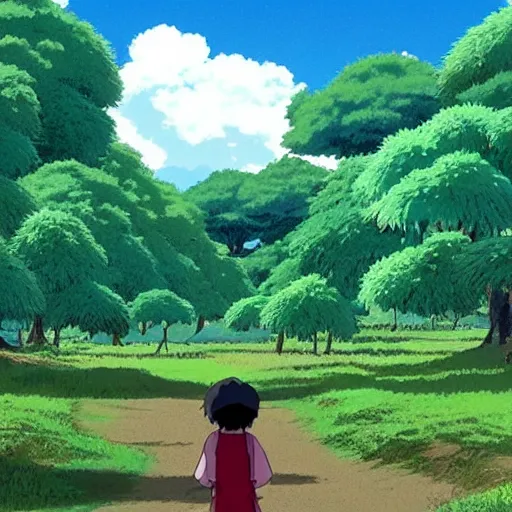 Prompt: a beautiful still from a studio ghibli movie, landscape scenery, puffy white clouds, green grass, tall trees