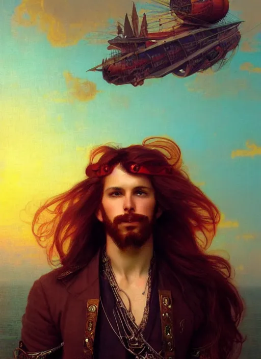 Image similar to portrait painting of a handsome face rugged long hair crimson hair male captain, top half portrait soft hair steampunk ornate mechanical zeppelin airship in the background sky sunset golden hour fantasy soft hair deviantart book cover art atmospheric volumetric lighting art by mucha greg rutkowski gaston bussiere