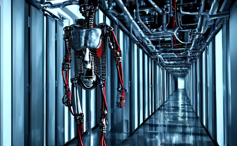 Image similar to terminator without flesh, staying in front of data center room. extreme long shot, high detail, cinematic colors