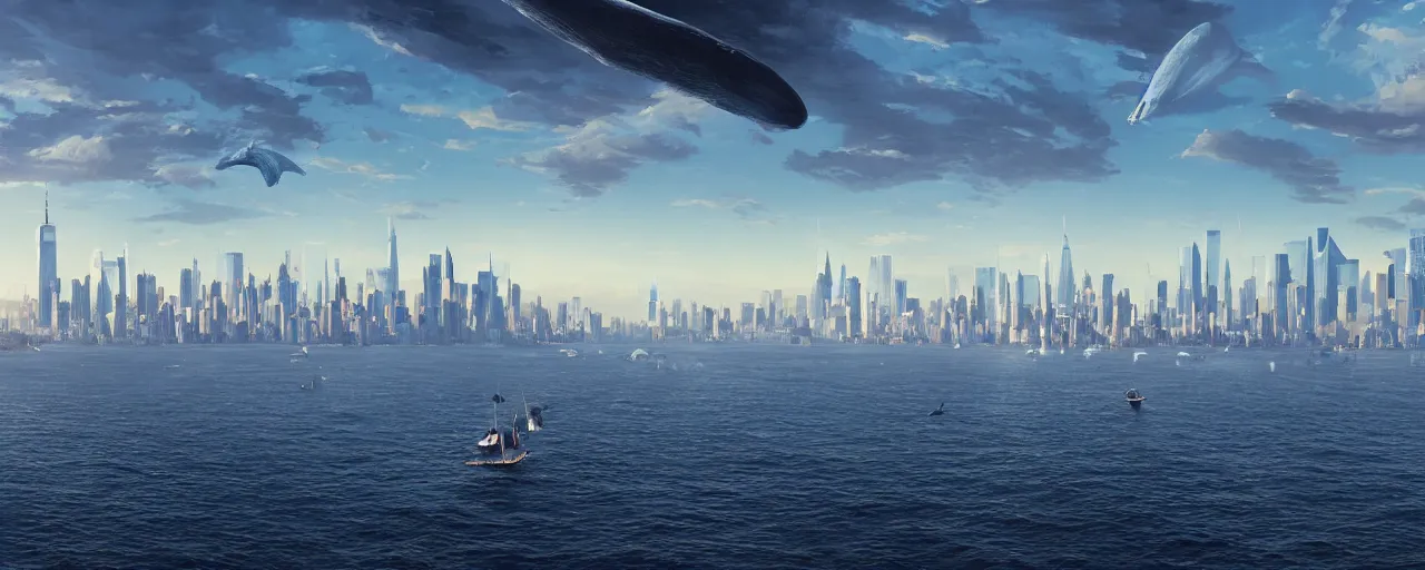 Image similar to huge blue whales sailing over the skyline over new york city, 8 k uhd, unreal engine, octane render in the artstyle of finnian macmanus, john park and greg rutkowski