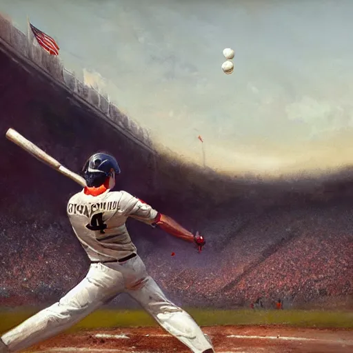 Prompt: baseball player hitting the ball with the baseball bat in the middle of the game and in front of everyone in the stadium, james gurney painting style, greg rutkowski, artstation