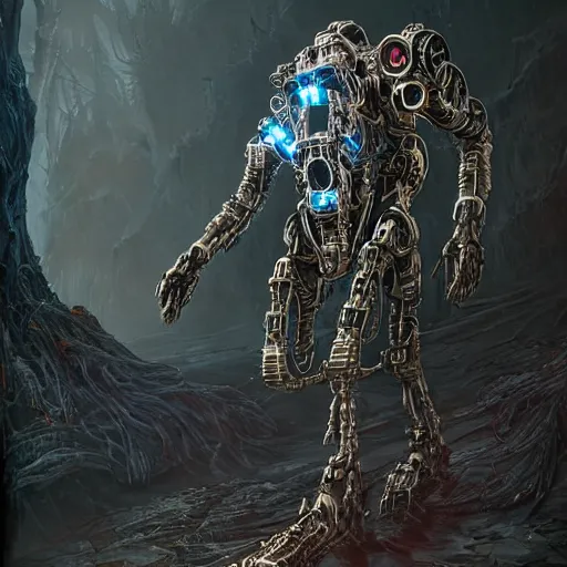 Image similar to Hunter in combat dieselpunk giant walker exoskeleton with chrome details walks between the mystical foggy roots. Style as if Dan Mumford and Tsutomu Nihei make game in Unreal Engine, photorealism, colorful, finalRender iridescent fantasy concept art 8k resolution concept art ink drawing volumetric lighting bioluminescence, plasma, neon, brimming with energy, electricity, power, Colorful Sci-Fi Steampunk Biological Living, cel-shaded, depth, particles, lots of reflective surfaces, subsurface scattering