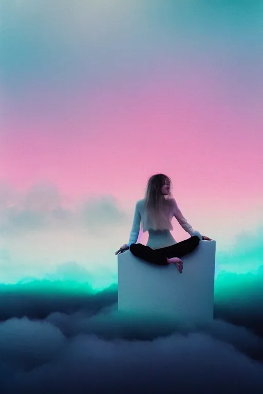 Image similar to high quality pastel coloured film photograph of a model wearing clothing resting on cloud furniture in a icelandic black rock environment in a partially haze filled dreamstate world. three point light, rainbow. photographic production. art directed. pastel colours. volumetric clouds. pastel gradient overlay. waves glitch artefacts. facial clarity. 8 k. filmic.