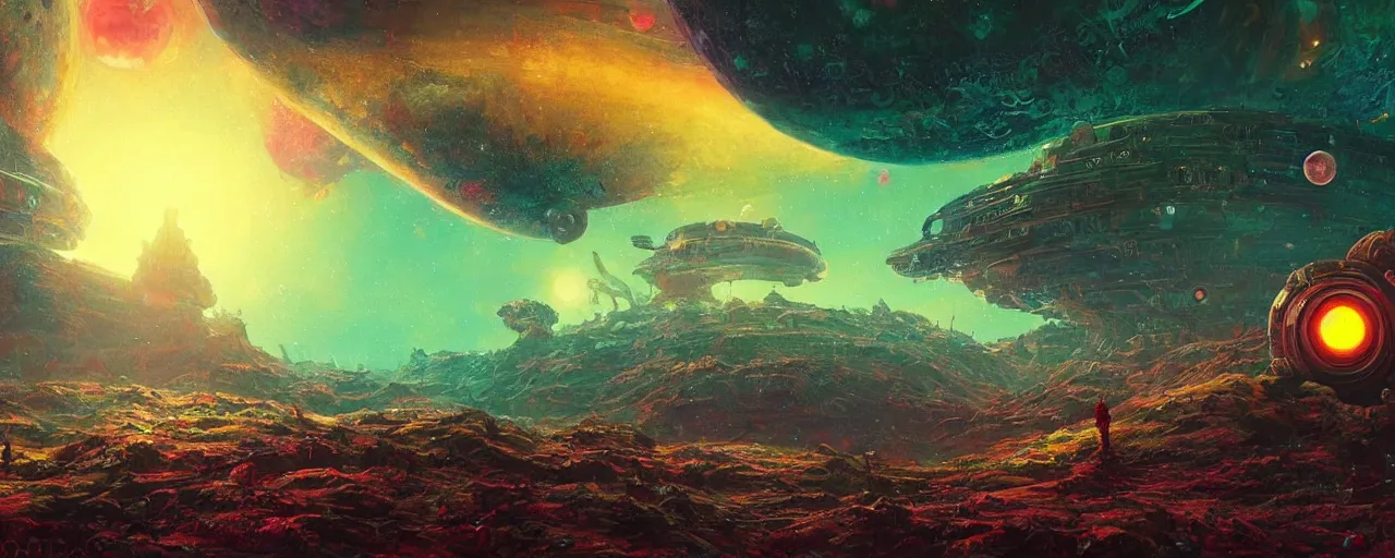 Prompt: ” outer planet made of jelly, [ art by paul lehr, cinematic, detailed, epic, widescreen, opening, establishing, mattepainting, photorealistic, realistic textures, octane render ] ”