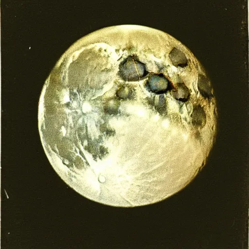 Prompt: close-up daguerrotype of the full moon taken in 1836, grainy