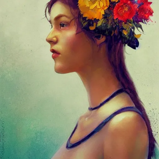 Prompt: Beautiful Ukrainian girl with a flowers covered into the Ukrainian flag profile picture by Greg Rutkowski and Kunkle, Brad, asymmetrical, Organic Painting , Matte Painting, geometric shapes, hard edges, street art, trending on the artstation, realistic:2 by Sachin Teng:4, blur: -5