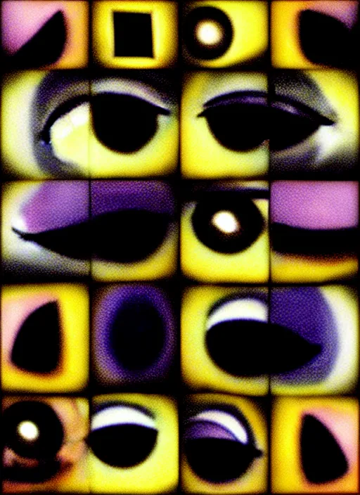 Image similar to grid montage of cube shaped eyes, square shaped black dilated pupils, cube shaped irises, detailed colored textures, eyelashes, advanced art, art styles mix, from wikipedia, wet reflections in square eyes, sunshine light, hd macro photograph, from side, various eyelid positions, square black pupil centered