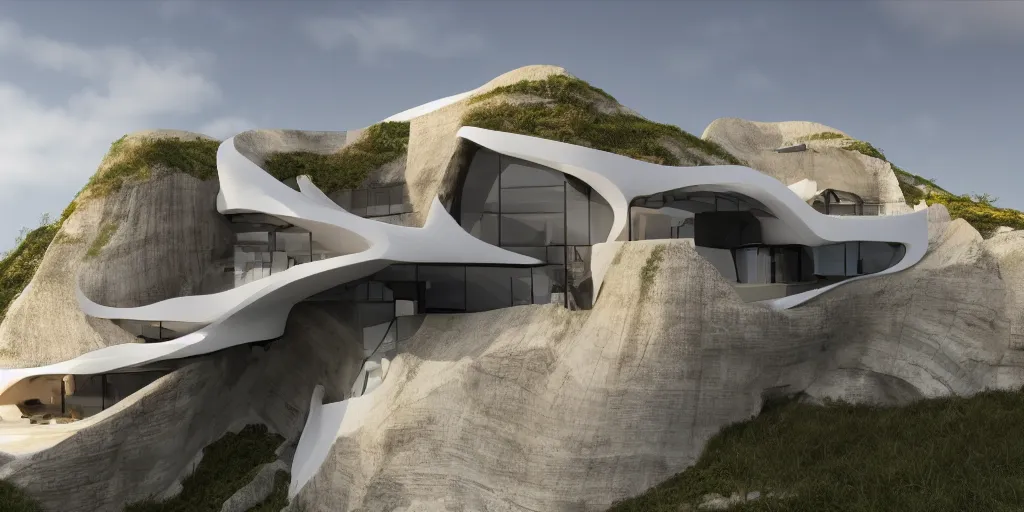 Image similar to modern house on a cliff designed by zaha hadid, cinematic lighting, deep focus, sharp focus, golden ratio, dramatic illumination, hdr, ultra realistic, 8 k, highly detailed, trending on artstation, epic composition, by caravaggio, by artemisia lomi gentileschi