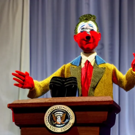 Image similar to marionette of a president with clown makeup in a podium and a human shadow behind