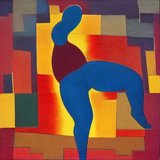 Image similar to beautiful sunset, fat woman dancing, cubism, muted colors, texture