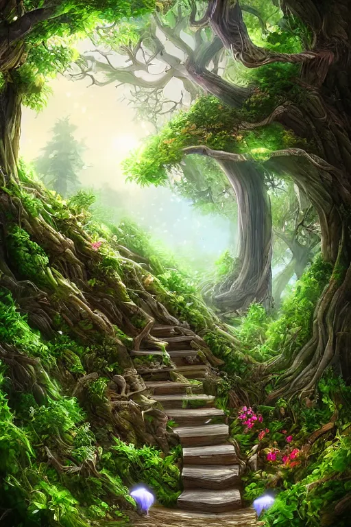 Image similar to professional digital art detailed forest tree with door and stairs, magical forest flowers mushrooms cgsociety wlop behance by pixiv