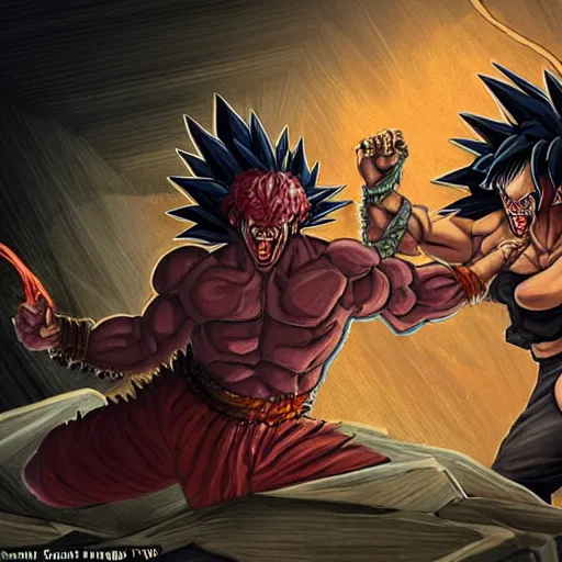 Image similar to The Devil fistfighting a savage woman with wild spiky black Saiyan hair, dark dungeon, bloody walls, fantasy art, absurd quality