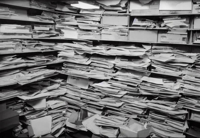 Prompt: an office filled with files so many files that are making hamburgers color 1 9 7 0 s film mary tyler moore hat toss