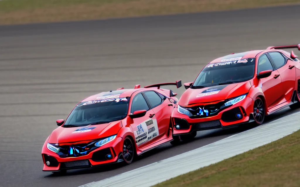 Prompt: digital photo of a Honda Civic Type-R racing on a track, closeup 3 quarter front view