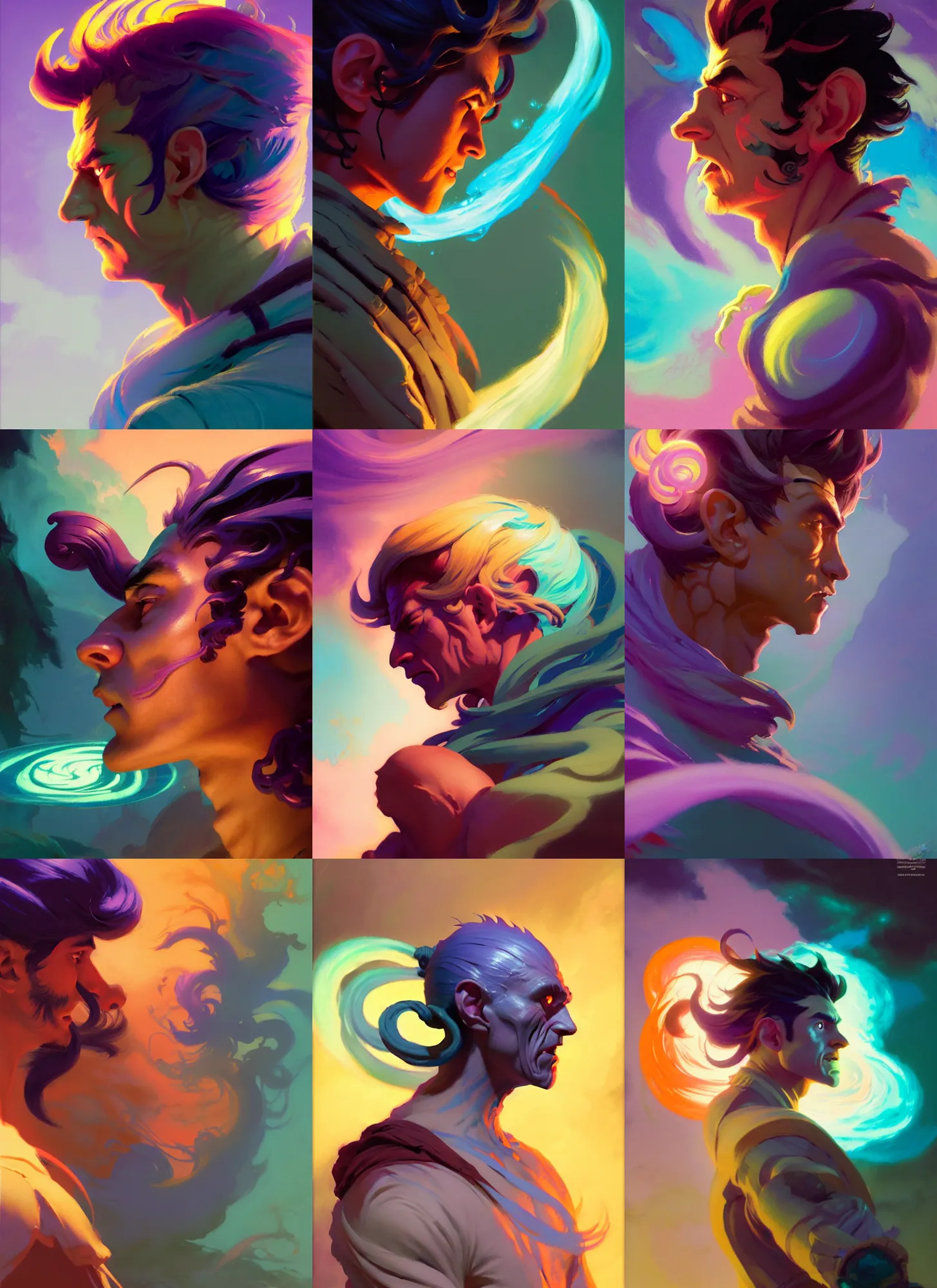 Prompt: side profile, male half - gremlin rogue, gloomhaven, luminescent, colorful swirly magic ripples, pastel colors, by greg manchess, huang guangjian, gil elvgren, sachin teng, greg rutkowski, jesper ejsing, ilya kuvshinov