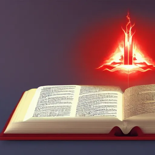 Prompt: white fire hovering over an open Bible icon, red back drop, cgsociety, artstationhq, digital art, detailed