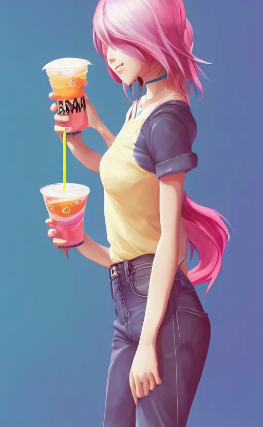 Image similar to a kawaii woman with rainbow hair, happy, summer time, holding boba tea drink, soft eyes and narrow chin, dainty figure, long hair straight down, kawaii shirt and jeans, basic white background, In style of by Jordan Grimmer and greg rutkowski, crisp lines and color