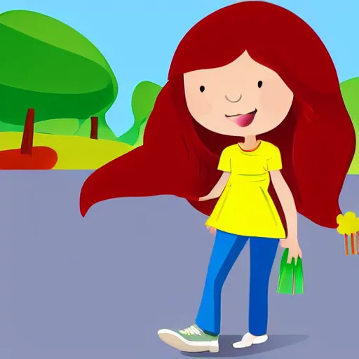 Prompt: flat shaded cartoon cute girl figure with curly blond hair, blue wide eyes. the girl is wearing red shirt and yellow short dress. she is waling home from school.