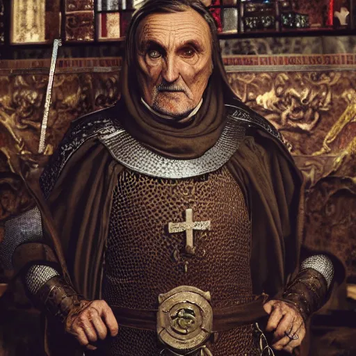 Image similar to full body portrait photo of Dennis hopper as a devious medieval lord in a giant medieval Shop, trending on artstation, style of midjourney, unreal engine, octane render, intricate details, 8k high definition, beauriful, ornate, hypermaximalistic