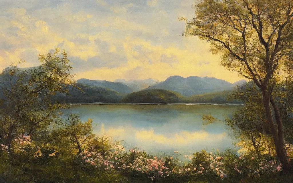 Image similar to a painting of the most beautiful lake in the spring morning, by vilhelms purvitis, oil on canvas