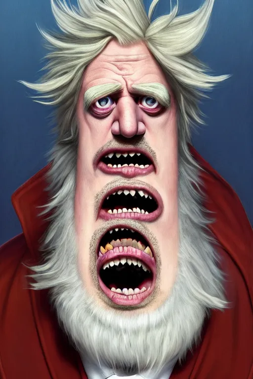 Image similar to Boris Johnson as crazy genius Rick Sanchez from Rick and Morty, unibrow, white robe, big eyes, realistic portrait, symmetrical, highly detailed, digital painting, artstation, concept art, smooth, sharp focus, illustration, cinematic lighting, art by artgerm and greg rutkowski and alphonse mucha