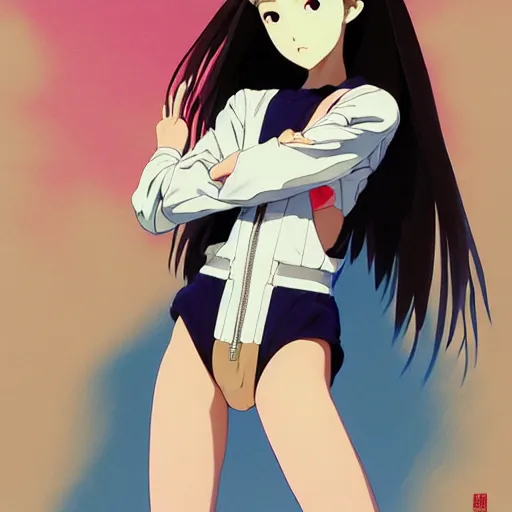 Image similar to a beautiful japanese natalie portman gravure model, wearing oversized native designer bomber jacket and leotard with overalls, bulky poofy bomber jacket with mesoamerican patterns, mesoamerican native street fashion, gapmoe yandere grimdark, trending on pixiv fanbox, painted by greg rutkowski makoto shinkai takashi takeuchi studio ghibli, akihiko yoshida