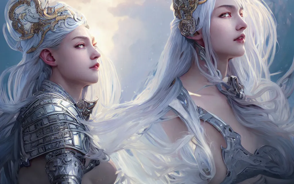 Image similar to portrait white hair knights of zodiac girl, sliver ice color reflected armor, in ruined agora of athens sunrise, ssci - fi and fantasy, intricate and very very beautiful and elegant, highly detailed, digital painting, artstation, concept art, smooth and sharp focus, illustration, art by tian zi and wlop and alphonse mucha