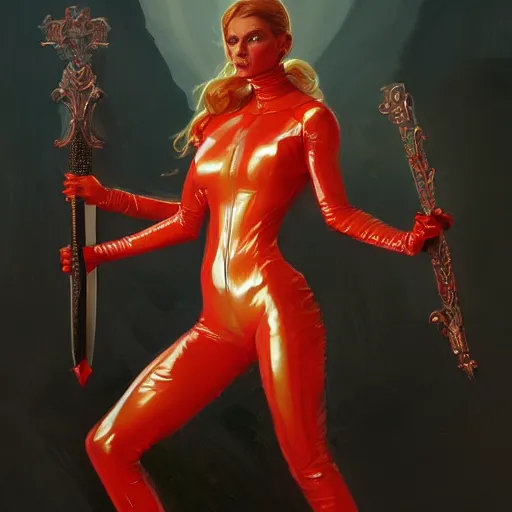 Image similar to a female demon wearing a skintight red mechanics jumpsuit holding a sword, intricate, elegant, highly detailed, digital painting, artstation, concept art, smooth, sharp focus, illustration, art by artgerm and greg rutkowski and alphonse mucha, 8 k